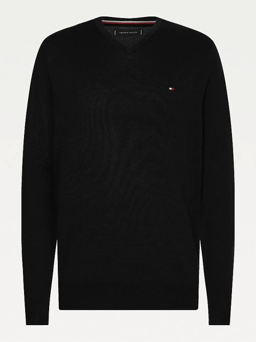 Tommy Hilfiger V-Neck Cotton Blend Sweatshirt Moški Puloverji Črna | TH182KLT