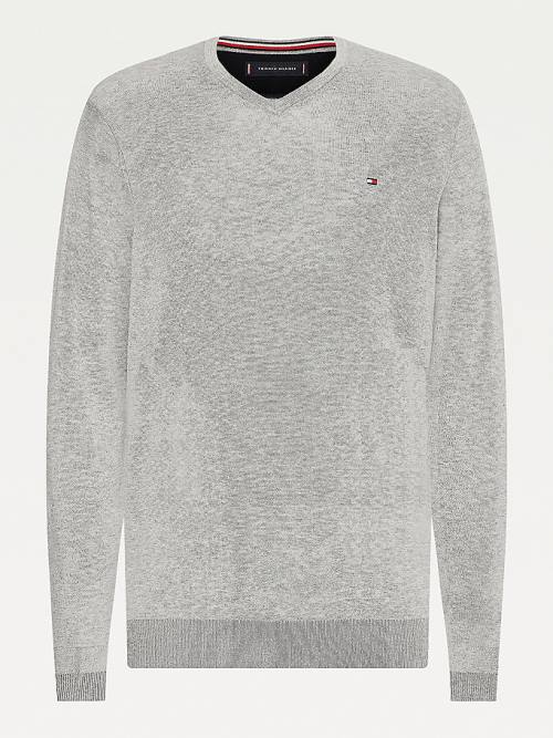 Tommy Hilfiger V-Neck Cotton Blend Sweatshirt Moški Puloverji Siva | TH459BRL