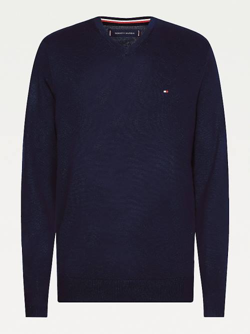 Tommy Hilfiger V-Neck Cotton Blend Sweatshirt Moški Puloverji Modra | TH583TDZ