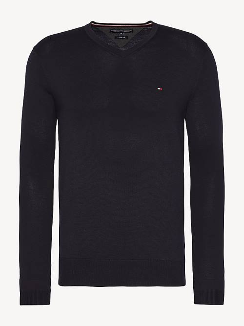 Tommy Hilfiger V-Neck Cotton Blend Sweatshirt Moški Puloverji Modra | TH583TDZ