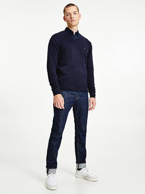 Tommy Hilfiger V-Neck Cotton Blend Sweatshirt Moški Puloverji Modra | TH583TDZ