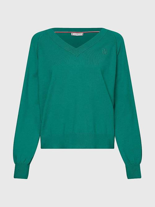 Tommy Hilfiger V-Neck Puff Sleeve Relaxed Fit Jumper Ženske Puloverji Zelena | TH376UKP