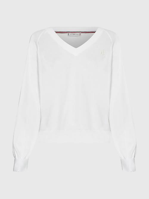 Tommy Hilfiger V-Neck Puff Sleeve Relaxed Fit Jumper Ženske Puloverji Bela | TH456DJE