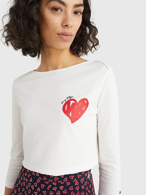 Tommy Hilfiger Valentines Heart Print Boat Neck Ženske Majice Bela | TH154JQR