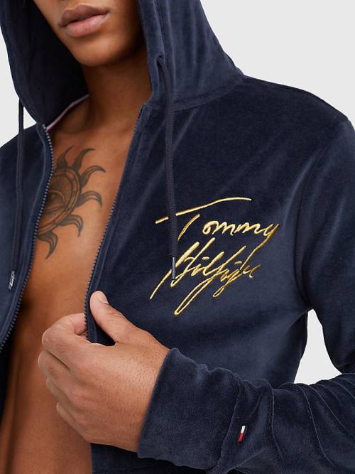 Tommy Hilfiger Velour Signature Logo Moški Pižama Modra | TH961GKB