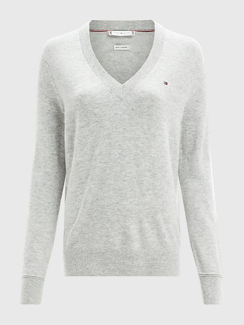 Tommy Hilfiger Wool Cashmere V-Neck Jumper Ženske Puloverji Siva | TH193NPH