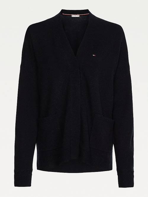 Tommy Hilfiger Wool Open V-Neck Cardigan Ženske Puloverji Črna | TH247WTB