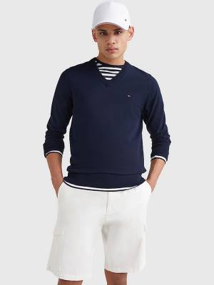 Tommy Hilfiger 1985 Essential TH Flex V-Neck Jumper Moški Puloverji Modra | TH417TDM