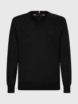 Tommy Hilfiger 1985 Essential TH Flex V-Neck Jumper Moški Puloverji Črna | TH538YLO