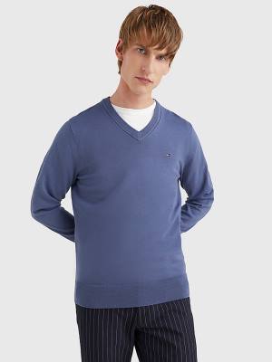 Tommy Hilfiger 1985 Essential TH Flex V-Neck Jumper Moški Puloverji Modra | TH751CQV