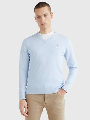 Tommy Hilfiger 1985 Essential TH Flex V-Neck Jumper Moški Puloverji Modra | TH938MEG