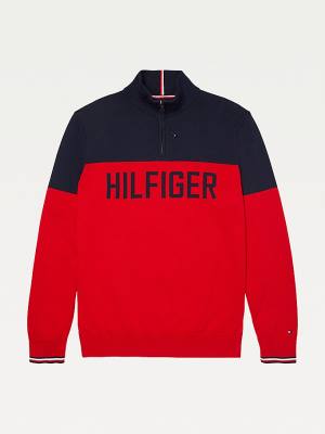 Tommy Hilfiger Adaptive Colour-Blocked Half-Zip Sweatshirt Moški Puloverji Rdeča | TH743OLK