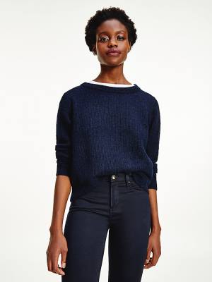 Tommy Hilfiger Alpaca Wool Wide Neck Relaxed Jumper Ženske Puloverji Modra | TH461RLO