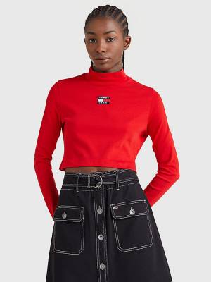 Tommy Hilfiger Badge Mock Turtleneck Long Sleeve Ženske Majice Rdeča | TH782ECK