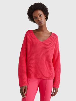 Tommy Hilfiger Contrast Knit Relaxed Fit V-Neck Jumper Ženske Puloverji Roza | TH017AZQ