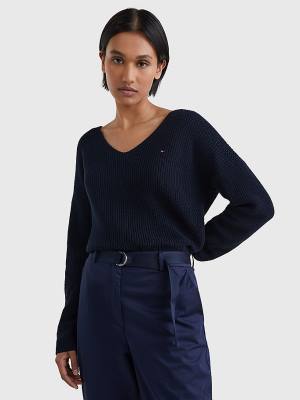 Tommy Hilfiger Contrast Knit Relaxed Fit V-Neck Jumper Ženske Puloverji Modra | TH396UWV