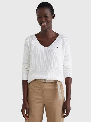 Tommy Hilfiger Contrast Knit Relaxed Fit V-Neck Jumper Ženske Puloverji Bela | TH587CJE