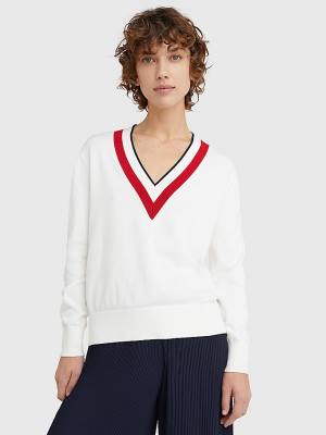 Tommy Hilfiger Contrast V Neck Jumper Ženske Puloverji Bela | TH928KMD