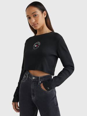 Tommy Hilfiger Cropped Logo Embroidery Long Sleeve Ženske Majice Črna | TH675DKU