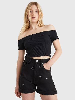 Tommy Hilfiger Cropped Off-The-Shoulder Ženske Majice Črna | TH168STC