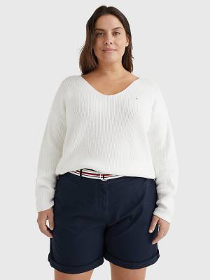 Tommy Hilfiger Curve Contrast Knit Relaxed Fit V-Neck Jumper Ženske Puloverji Bela | TH240IET