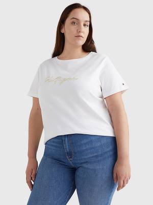 Tommy Hilfiger Curve Tonal Script Logo Organic Cotton Ženske Majice Bela | TH768UKN