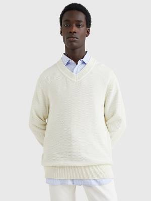 Tommy Hilfiger Elevated Textured V-Neck Jumper Moški Puloverji Bela | TH104QSJ