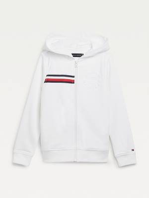 Tommy Hilfiger Embossed Logo Zip-Thru Fantje Pulover s kapuco Bela | TH147GJX