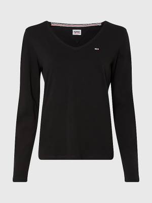 Tommy Hilfiger Essential V-Neck Long Sleeve Ženske Majice Črna | TH625OAC