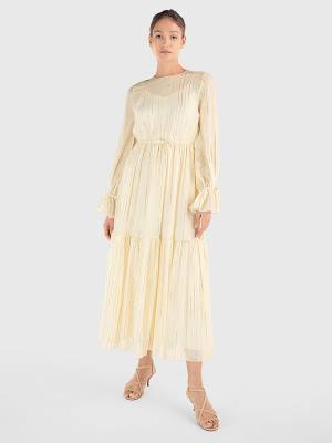 Tommy Hilfiger Gold Stripe Silk Blend Maxi Ženske Obleke Bela | TH854WEH