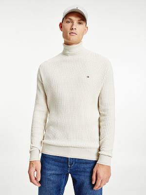 Tommy Hilfiger Grid Check Roll Neck Jumper Moški Puloverji Bež | TH657EBI