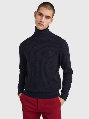 Tommy Hilfiger Grid Check Roll Neck Jumper Moški Puloverji Modra | TH670ZSR