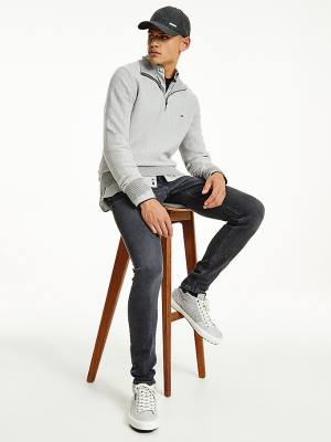 Tommy Hilfiger Herringbone Knit Half-Zip Jumper Moški Puloverji Siva | TH068UDV