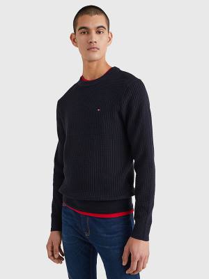 Tommy Hilfiger Knitted Grid Check Crew Neck Jumper Moški Puloverji Modra | TH423NQL