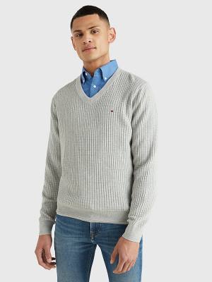 Tommy Hilfiger Knitted Grid Check V-Neck Jumper Moški Puloverji Siva | TH458LEF