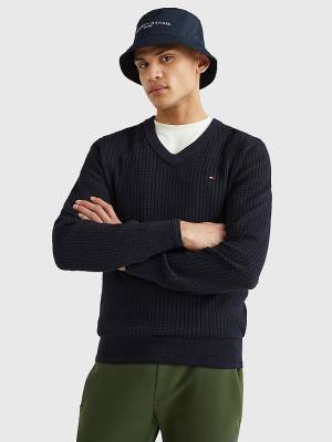 Tommy Hilfiger Knitted Grid Check V-Neck Jumper Moški Puloverji Modra | TH542XMB