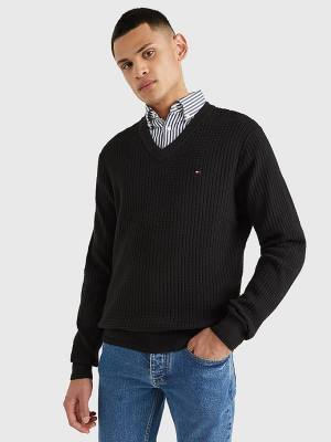 Tommy Hilfiger Knitted Grid Check V-Neck Jumper Moški Puloverji Črna | TH712VBI