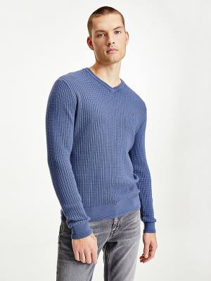 Tommy Hilfiger Knitted Grid Check V-Neck Jumper Moški Puloverji Modra | TH719PXC