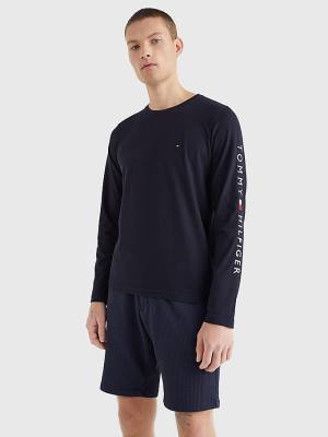 Tommy Hilfiger Logo Long Sleeve Moški Majice Modra | TH875SDI