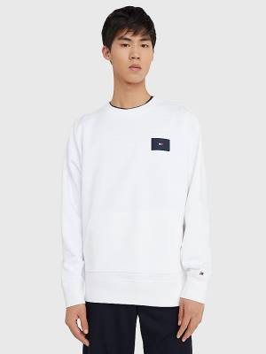 Tommy Hilfiger Logo Print Crew Neck Moški Pulover Bela | TH718ACQ