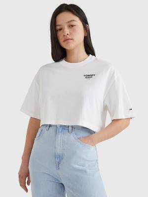 Tommy Hilfiger Logo Tape Oversized Cropped Ženske Majice Bela | TH324QNX