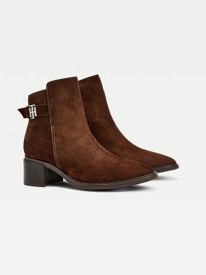 Tommy Hilfiger Monogram Buckle Mid Heel Ankle Ženske Škornji Rjav | TH714XTG