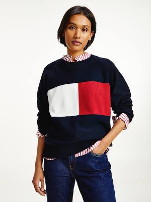 Tommy Hilfiger Organic Cotton Colour-Blocked Flag Jumper Ženske Puloverji Modra | TH870KXQ