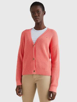 Tommy Hilfiger Organic Cotton V-Neck Relaxed Fit Cardigan Ženske Puloverji Rdeča | TH698ZVO