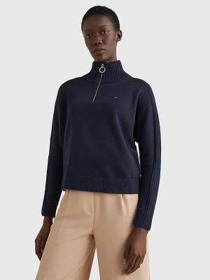 Tommy Hilfiger Oversized Half-Zip High Neck Jumper Ženske Puloverji Modra | TH496OMJ