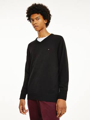 Tommy Hilfiger Pima Cotton Cashmere V-Neck Jumper Moški Puloverji Črna | TH719UBF