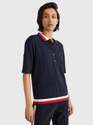 Tommy Hilfiger Signature Detail Half-Sleeve Ženske Polo Majica Modra | TH853JUB