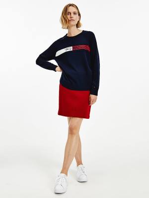 Tommy Hilfiger Signature Embroidery Organic Cotton Jumper Ženske Puloverji Modra | TH183BDW