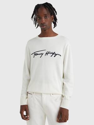 Tommy Hilfiger Signature Logo Embroidery Jumper Moški Puloverji Bela | TH423PZF