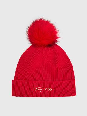 Tommy Hilfiger Signature Pom Pom Beanie Ženske Kapa Rdeča | TH265NHK